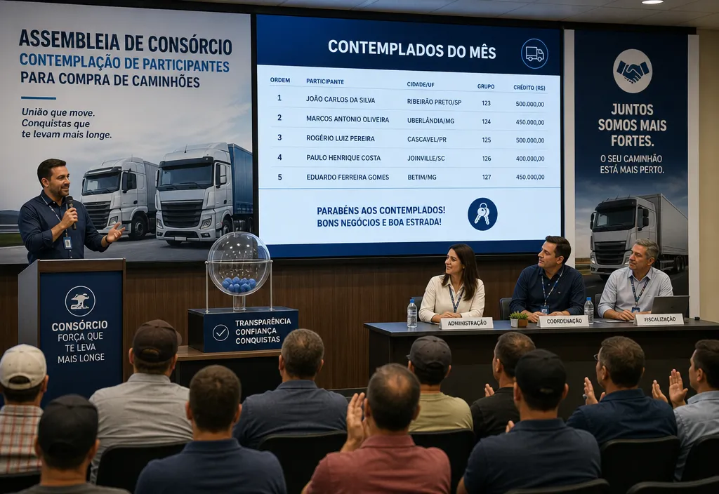 Assembleia de cons&oacute;rcio com contempla&ccedil;&atilde;o de participantes para compra de caminh&otilde;es