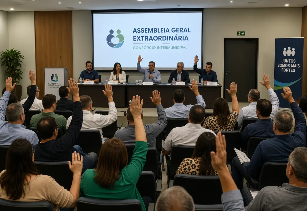 Reunião de assembleia de consórcio com consorciados participando e votando