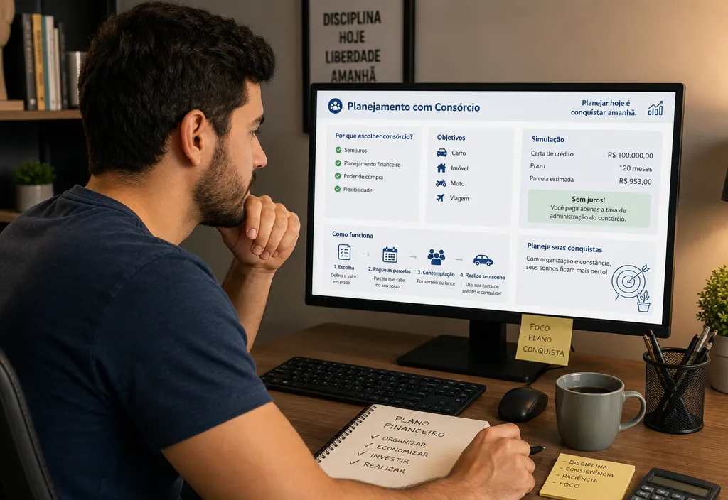Pessoa planejando economia com cons&oacute;rcio em computador