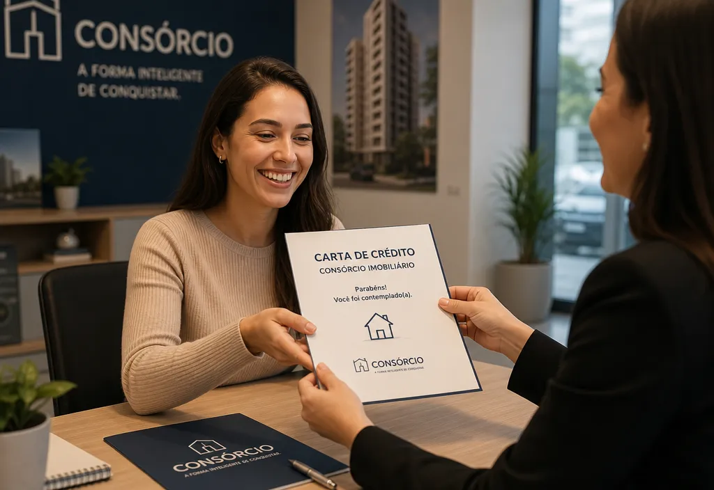 Pessoa recebendo carta de cr&eacute;dito de cons&oacute;rcio imobili&aacute;rio