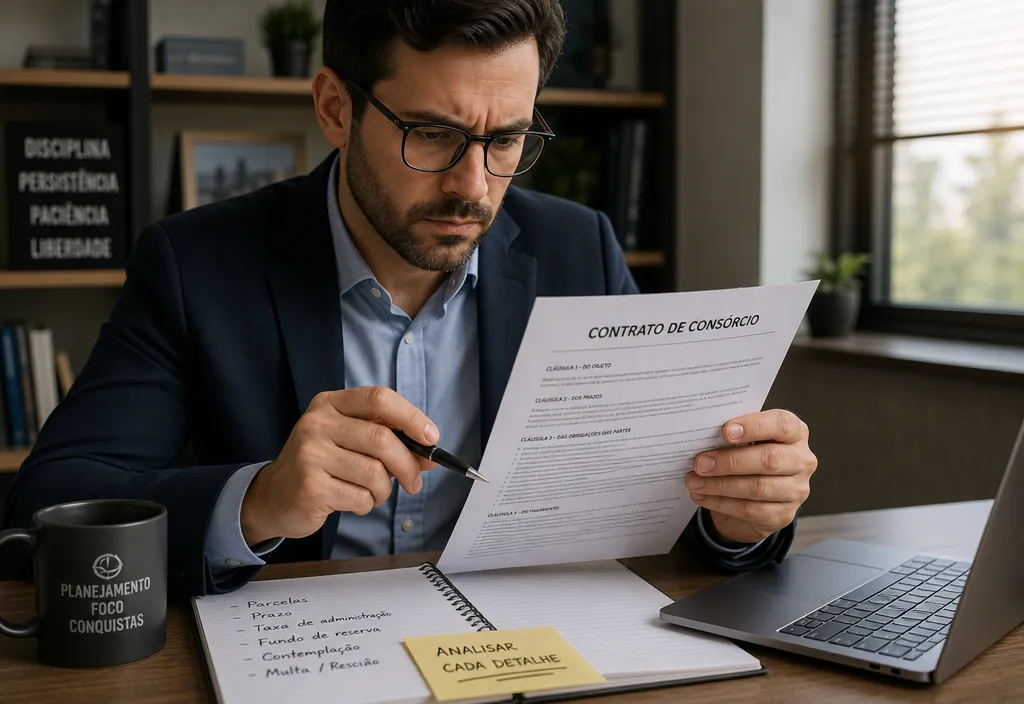 Pessoa analisando contrato de consórcio com atenção aos detalhes