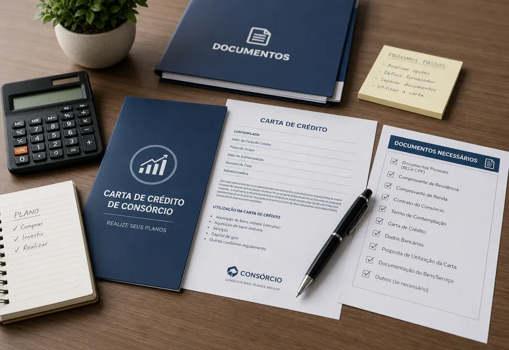 Documentos organizados sobre mesa para utilização de carta de crédito de consórcio