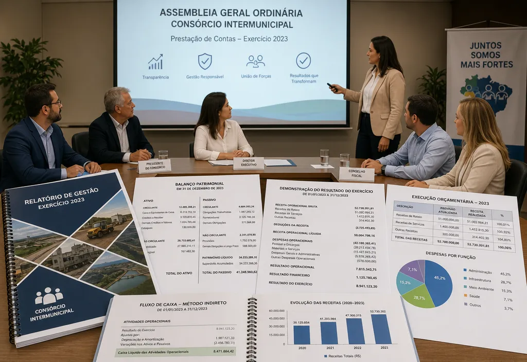 Documentos e relatórios financeiros apresentados em assembleia de consórcio