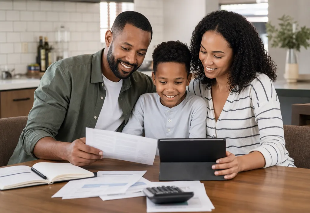 Família feliz planejando finanças em casa com documentos