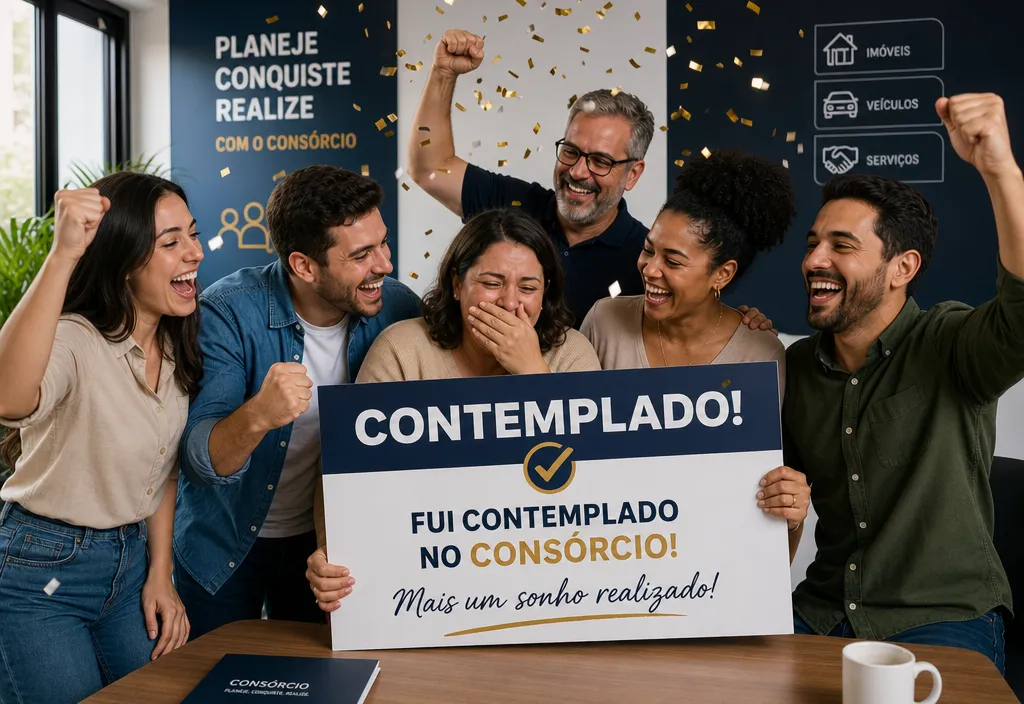 Grupo de pessoas comemorando contempla&ccedil;&atilde;o em cons&oacute;rcio