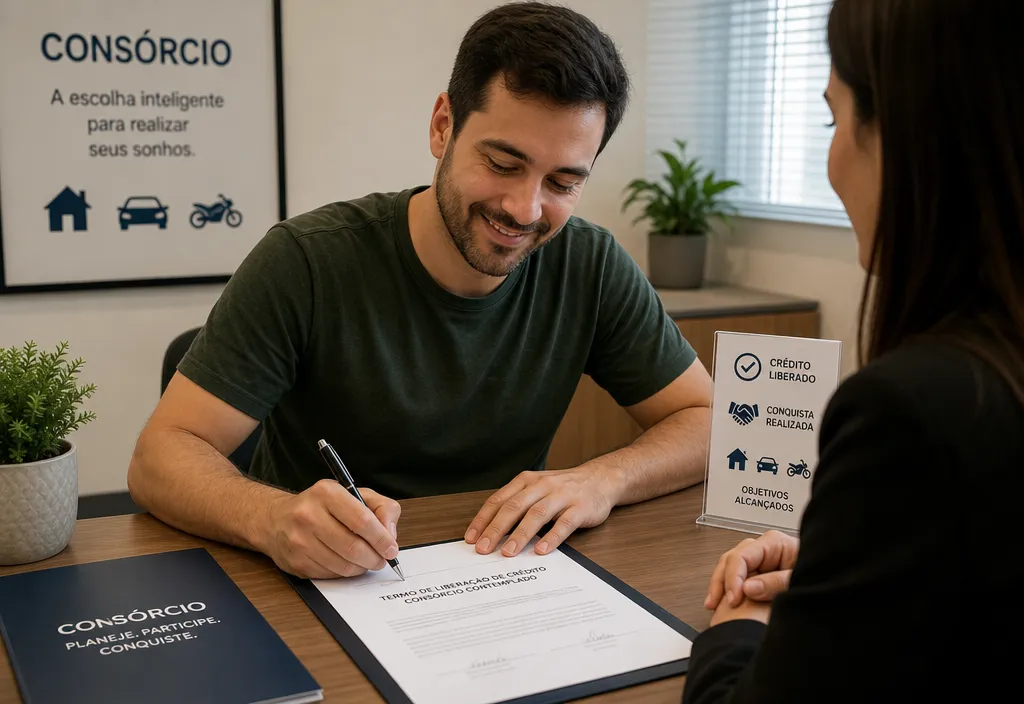 Pessoa assinando documentos para liberação de crédito de consórcio contemplado
