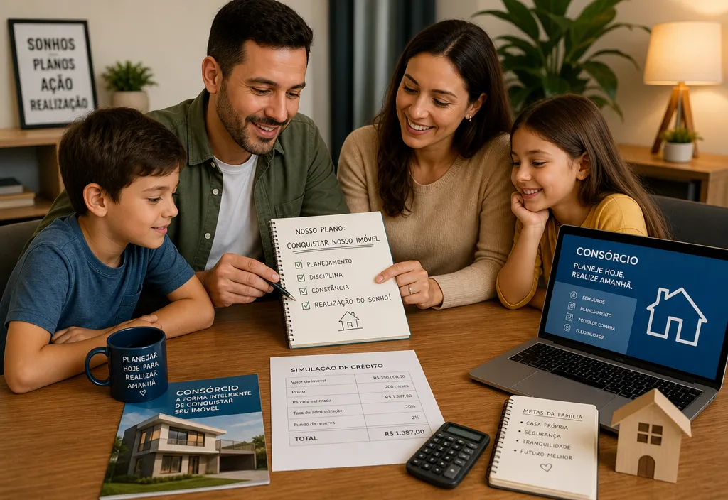 Fam&iacute;lia planejando financeiramente a compra de im&oacute;vel por cons&oacute;rcio