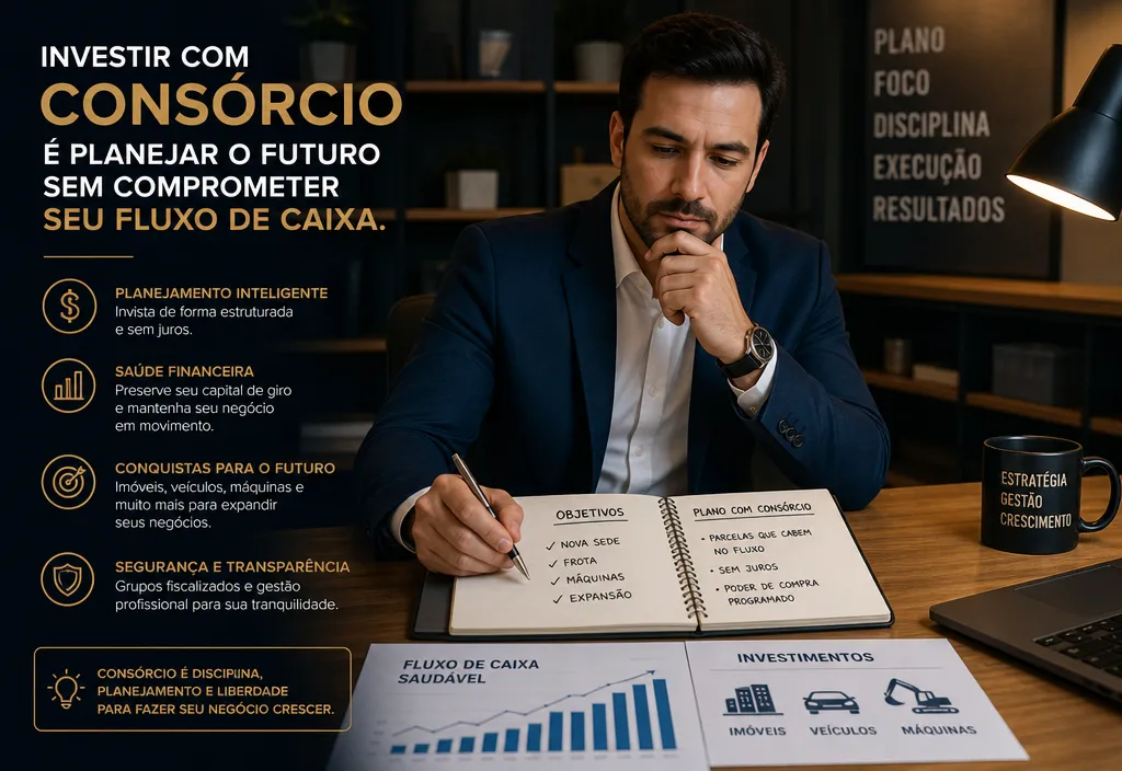 Empres&aacute;rio planejando investimentos com cons&oacute;rcio sem comprometer fluxo de caixa