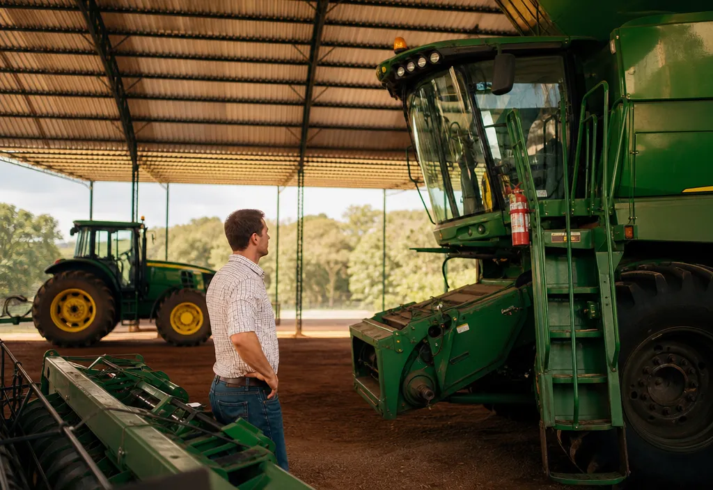 Produtor rural avaliando equipamentos agrícolas modernos