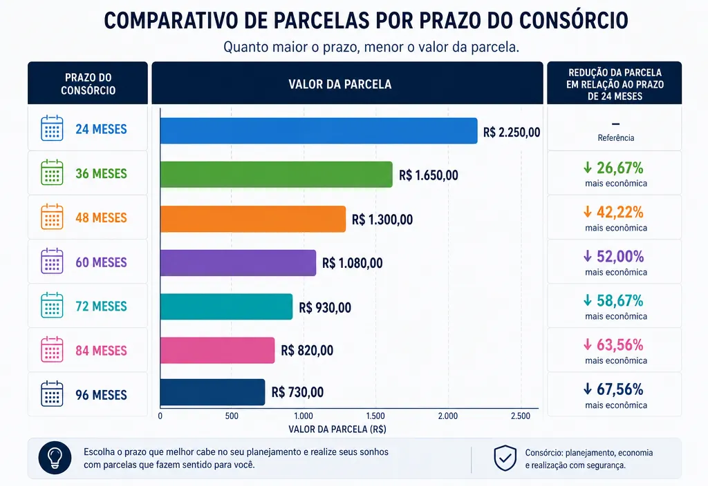 Gráfico comparativo mostrando diferentes valores de parcelas conforme prazo do consórcio